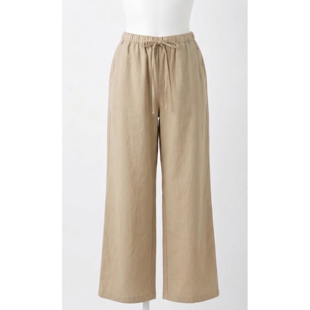 Women's‎ Wide Leg Linen Blend Pants L Beige Elastic Drawstring Waist Relaxed Fit